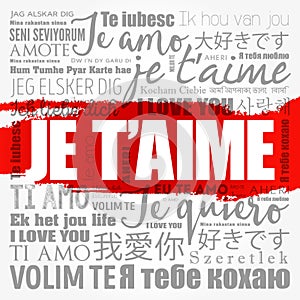 Je tÃ¢â¬â¢aime I Love You in French in different languages of the world, word cloud background photo